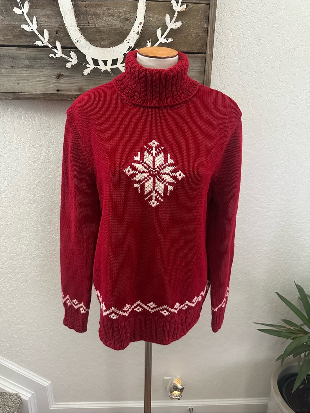 Lauren Ralph Lauren HANDKNIT Women's Red Turtleneck Snowflake Sweater L